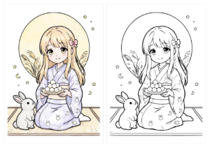 お月見の女の子(着物・うさぎ)の塗り絵|十五夜・無料ダウンロード(カラー見本と白黒線画)