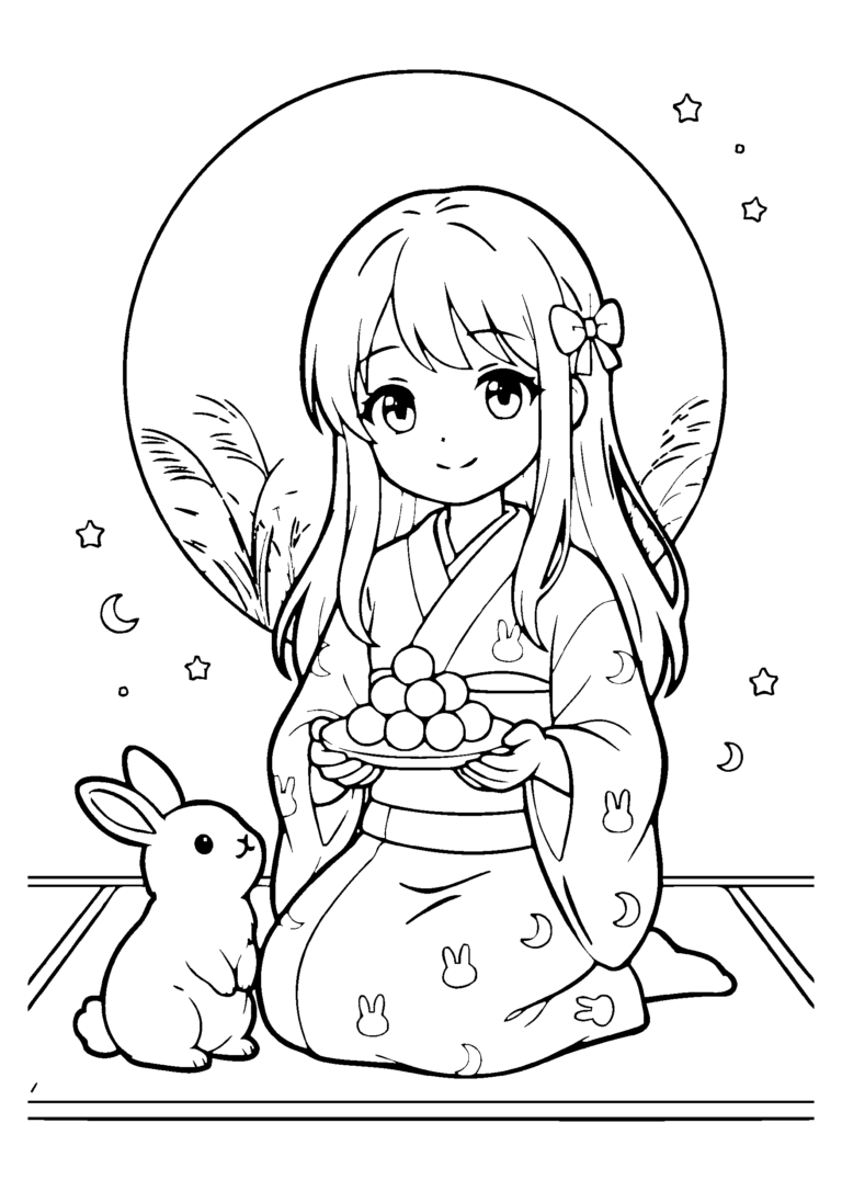 お月見の塗り絵 着物の女の子とうさぎ・満月（白黒線画）