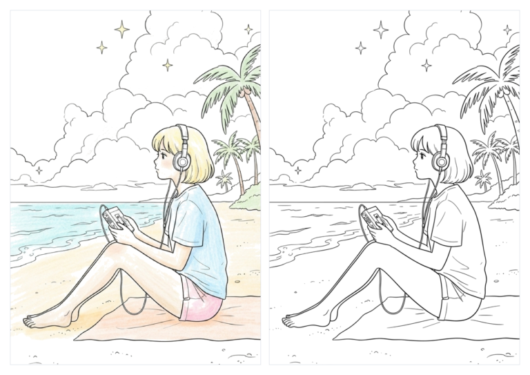 レトロチックな女の子（カセットテープ）の塗り絵
