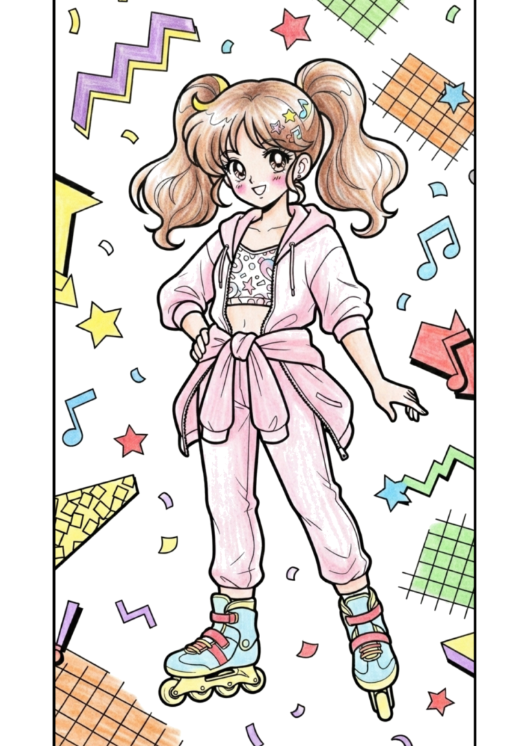 平成レトロ・シティポップ風の塗り絵 ローラースケートの女の子(カラー見本)