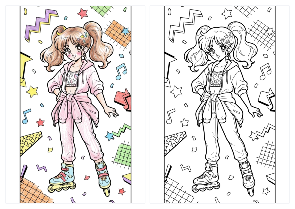 レトロチックな女の子(ローラースケート)の塗り絵|平成レトロ・無料ダウンロード(カラー見本と白黒線画)