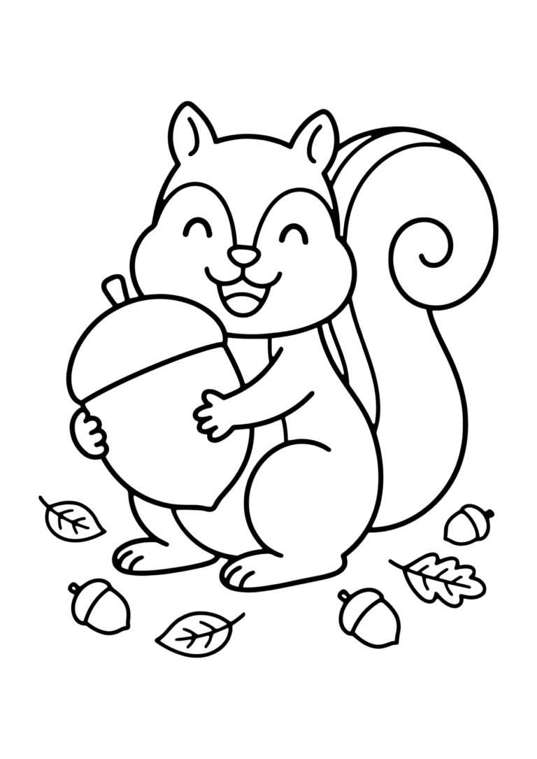 どんぐりを持つりすの塗り絵（白黒線画）