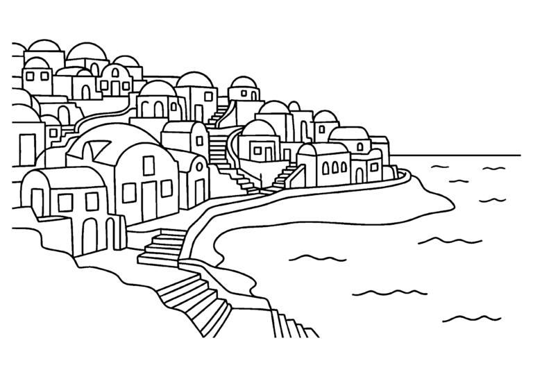 サントリーニ島の街並みの塗り絵の白黒線画(大人・高齢者)
