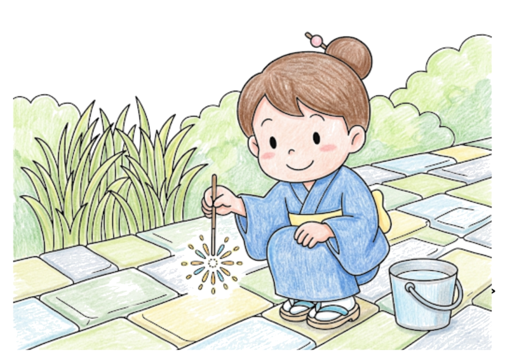 線香花火をする浴衣の女の子の塗り絵イラスト｜子供向け 無料ダウンロード・印刷OK（カラー見本と白黒線画）