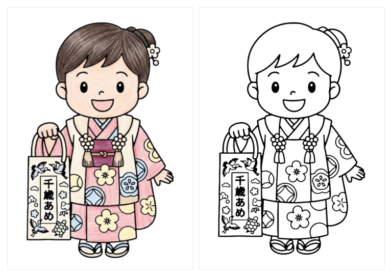 七五三の塗り絵（千歳あめを持つ女の子）