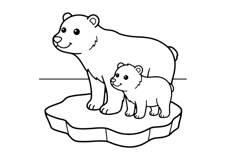 しろくまの親子の塗り絵（白黒線画）