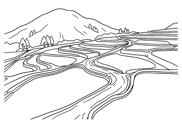 棚田の風景の塗り絵(白黒線画)