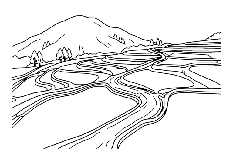 棚田と富士山の塗り絵(白黒線画)