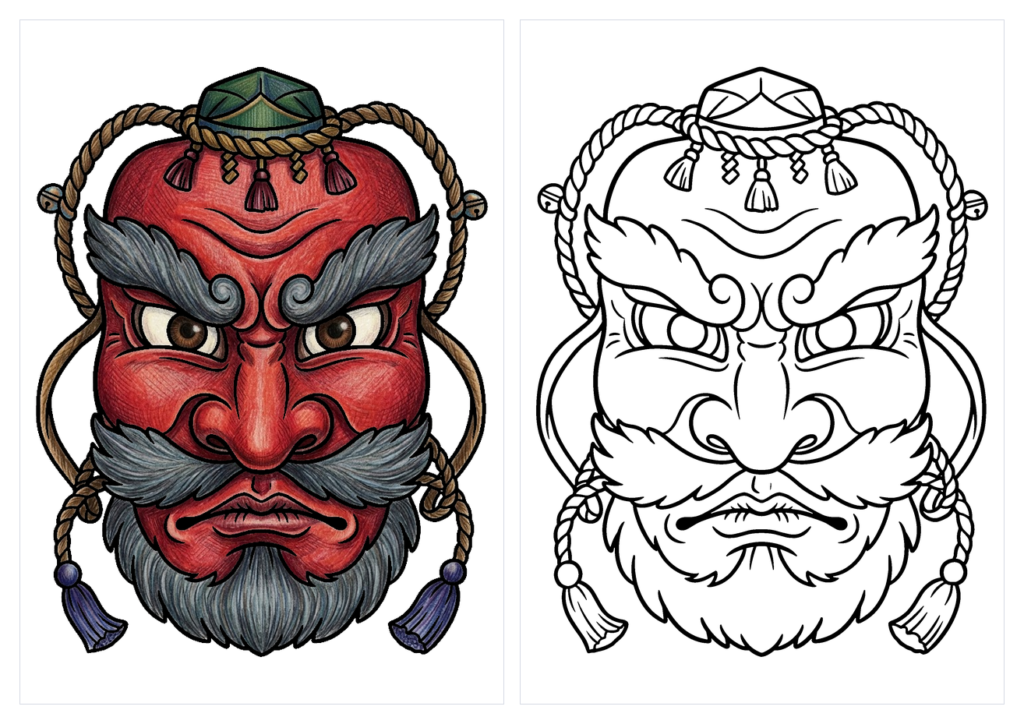 てんぐのお面の塗り絵（カラー見本と白黒線画）