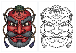 てんぐのお面の塗り絵(カラー見本と白黒線画)