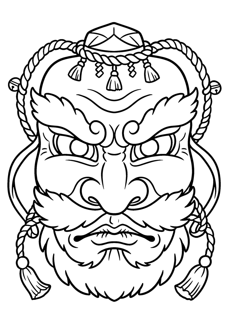 てんぐのお面の塗り絵(白黒線画)
