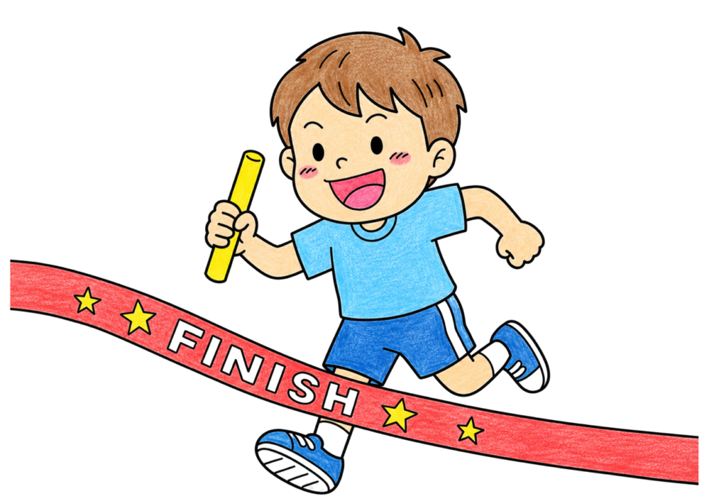 運動会かけっこ(ゴールテープ)の塗り絵|無料ダウンロード【ぬりえランド】(カラー見本と白黒線画)