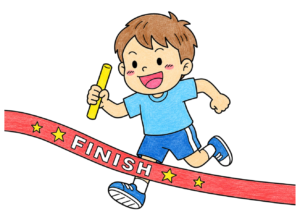 運動会かけっこ(ゴールテープ)の塗り絵|無料ダウンロード【ぬりえランド】(カラー見本と白黒線画)