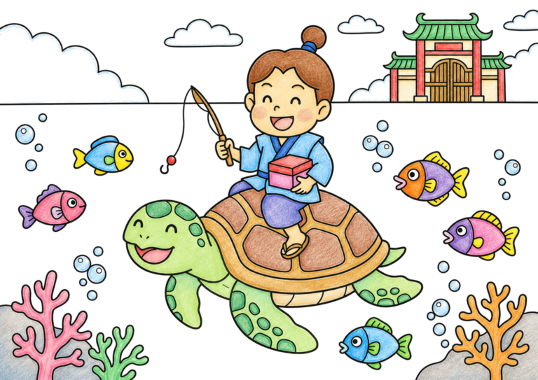 浦島太郎の塗り絵イラスト カラー見本(無料・印刷OK)