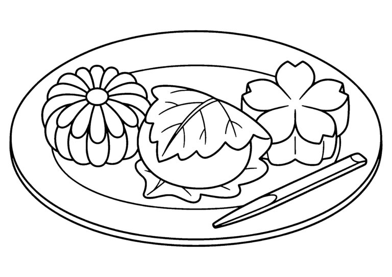 和菓子の塗り絵 お皿にのった練り切り三つと黒文字(白黒線画)