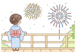 浴衣で打ち上げ花火を見る女性の塗り絵イラスト｜高齢者向け 無料ダウンロード・印刷OK（カラー見本と白黒線画）