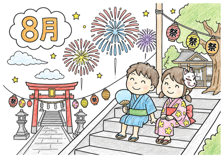 浴衣のカップルと打ち上げ花火の塗り絵イラスト