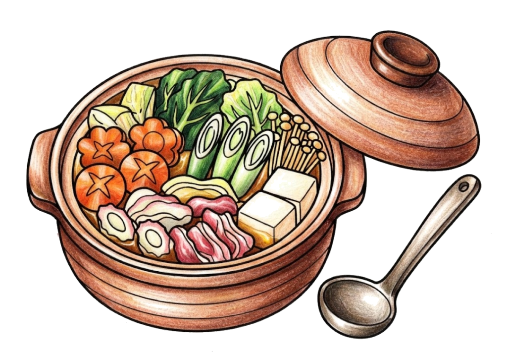 土鍋のなべ料理の塗り絵(カラー見本と白黒線画)
