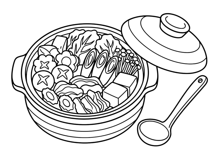 土鍋のなべ料理の塗り絵（白黒線画）