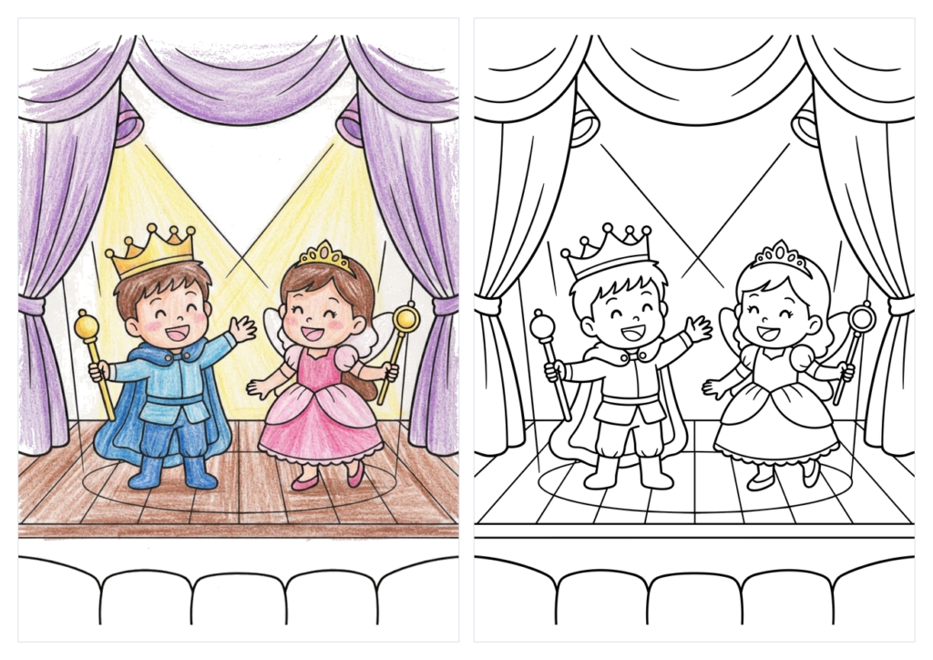 学芸会の塗り絵(カラー見本と白黒線画)
