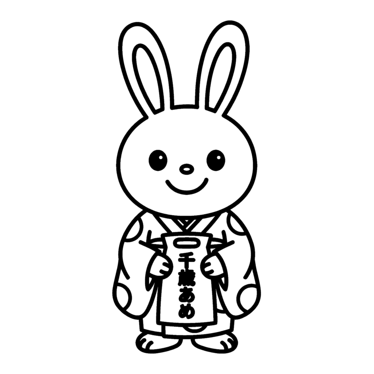 着物のうさぎのイラスト（線画）｜壁面かざり用・背景透過PNG