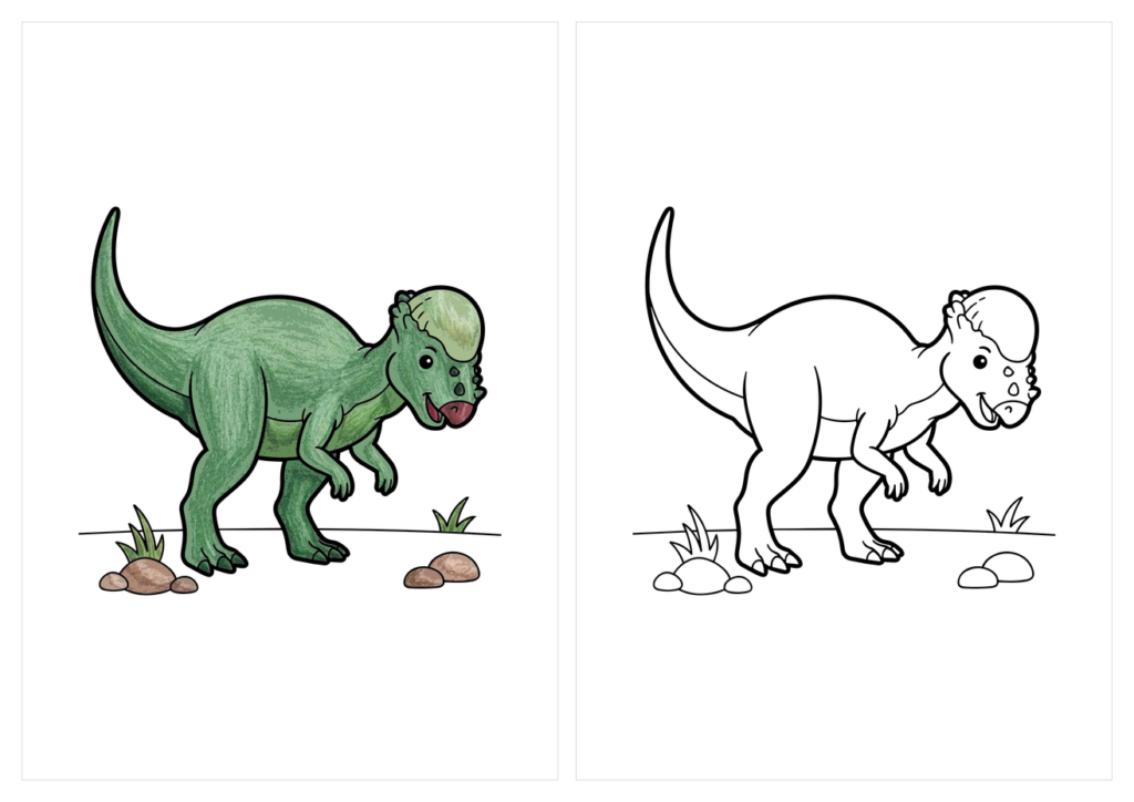 パキケファロサウルス(かわいい)の塗り絵(カラー見本と白黒線画)