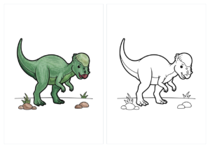 パキケファロサウルス(かわいい)の塗り絵(カラー見本と白黒線画)